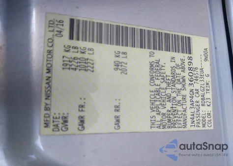 2016 Nissan Altima 2.5/2.5 S/2.5 Sl/2.5 Sr/2.5 Sv из США, поврежденный, VIN 1N4AL3AP4GN360898